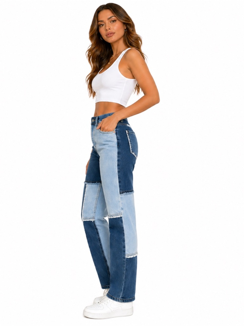 Vintage-Inspired Patchwork Denim Jeans High Rise Straight Leg Colorblock Trend - Picture 5 of 7